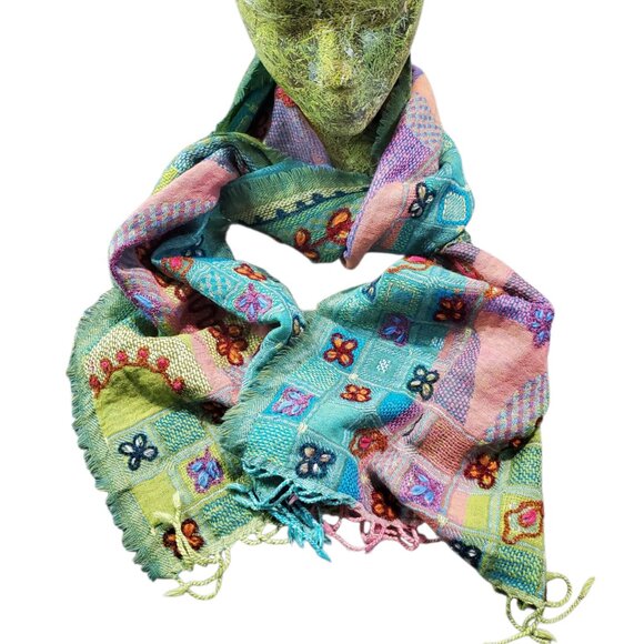 Vintage Asian Eye Wool Art to Wear Colorful Boho  Goblincore Scarf - Picture 7 of 7